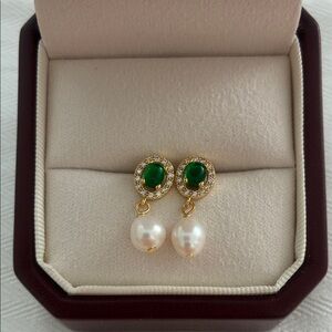 Green Stone & Pearl Earrings | Sterling Silver Posts | Christmas Gift for Her